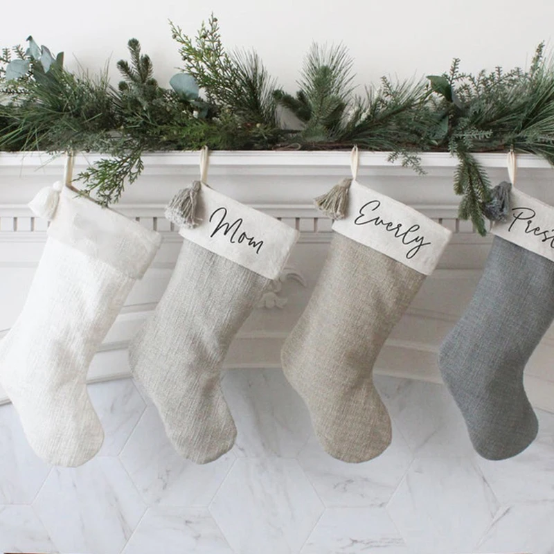 Оптовая продажа, одноцветные рождественские чулки Monogram, льняные рождественские чулки серого цвета с кисточкой