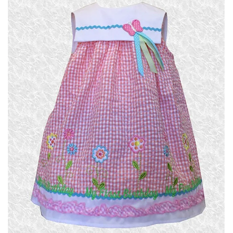 Children vintage sailor dress seersucker butterfly dress flower girl casual dress