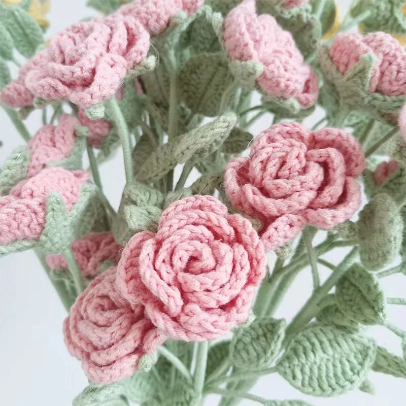 wholesale colorful  Handmade Crochet knitting woolen yarn Artificial small rose Bouquet for gift