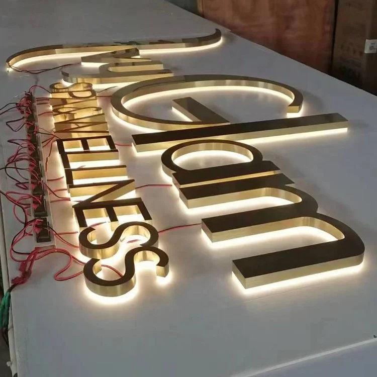 brushed gold 3D sign outdoor store signs Custom Business LED Signage Letters my company logo name in a back lit sign