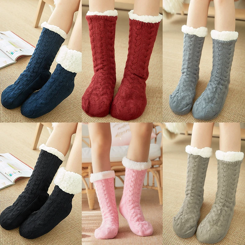 Wholesales winter fluffy fuzzy solid color anti slip christmas fleece lined slipper socks