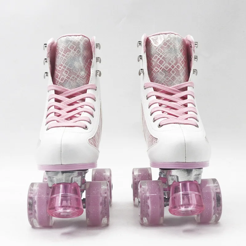 The Rental Quad Roller Skates Brake Head Wholesale Price Four PU Wheels Pink Leather Roller Skate Shoes for Adult