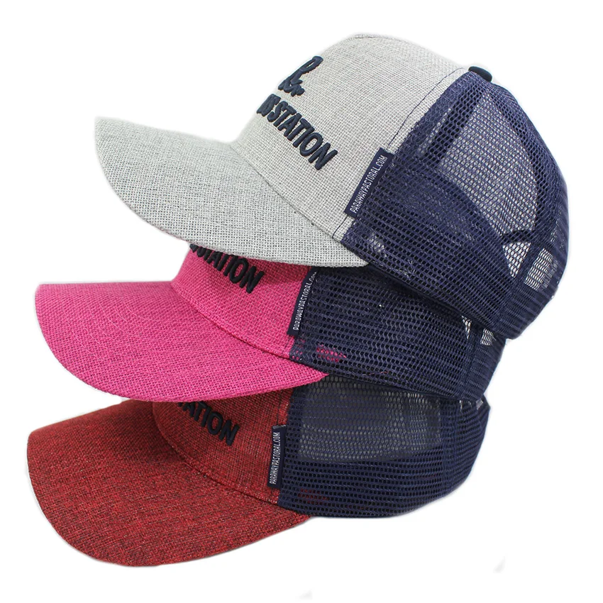 Hemp fabric customization 3D embroidery logo 5 panel trucker cap with printing and fold labels two stripes