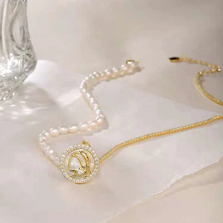 Girl Pendant Necklace with Pearl 38+5cm Length 5-6mm Natural Freshwater Rice Pearl Necklace Cute Girl AB Chain