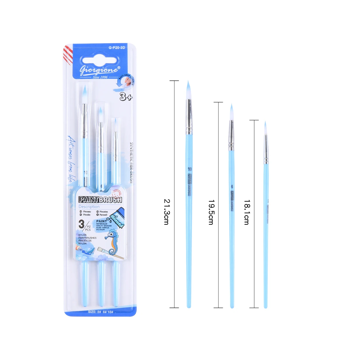 Giorgione G-P20-3D 3 Pieces Plastic Handle Nylon Hair Paintbrushes set for Acrylic Watercolor Oil Painting