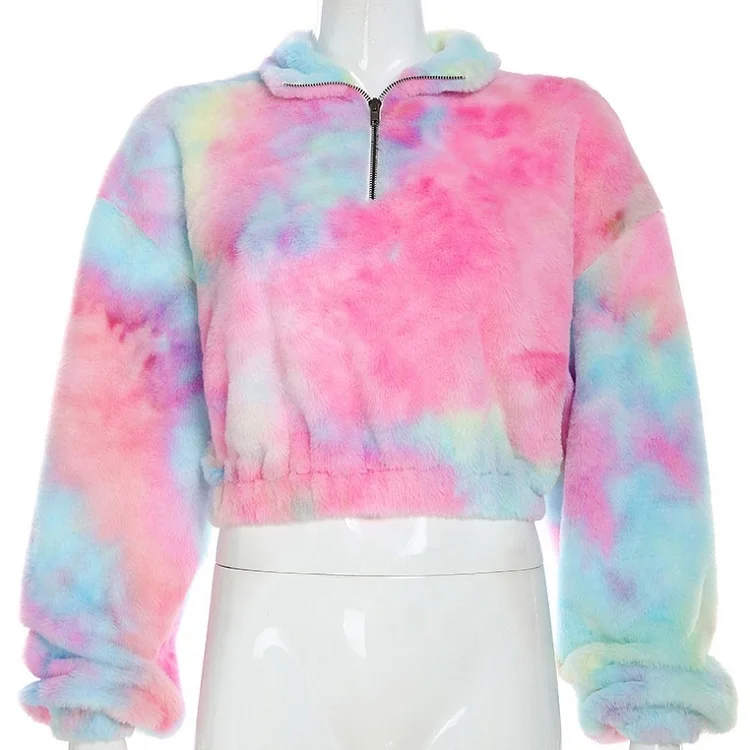 Casual Fluffy Hoodie  Winter Tie Dye Crop Sherpa Women Plush Crop Pullover 1/4 Zipper Stand Collar Jacket