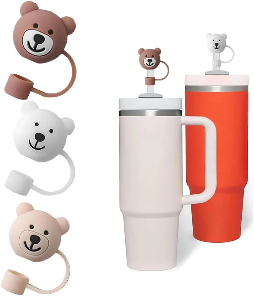 Custom Straw Cover  3D silicone bear Straw topper cup Protector Cover Compatible with 30 &40 oz drinking bottles