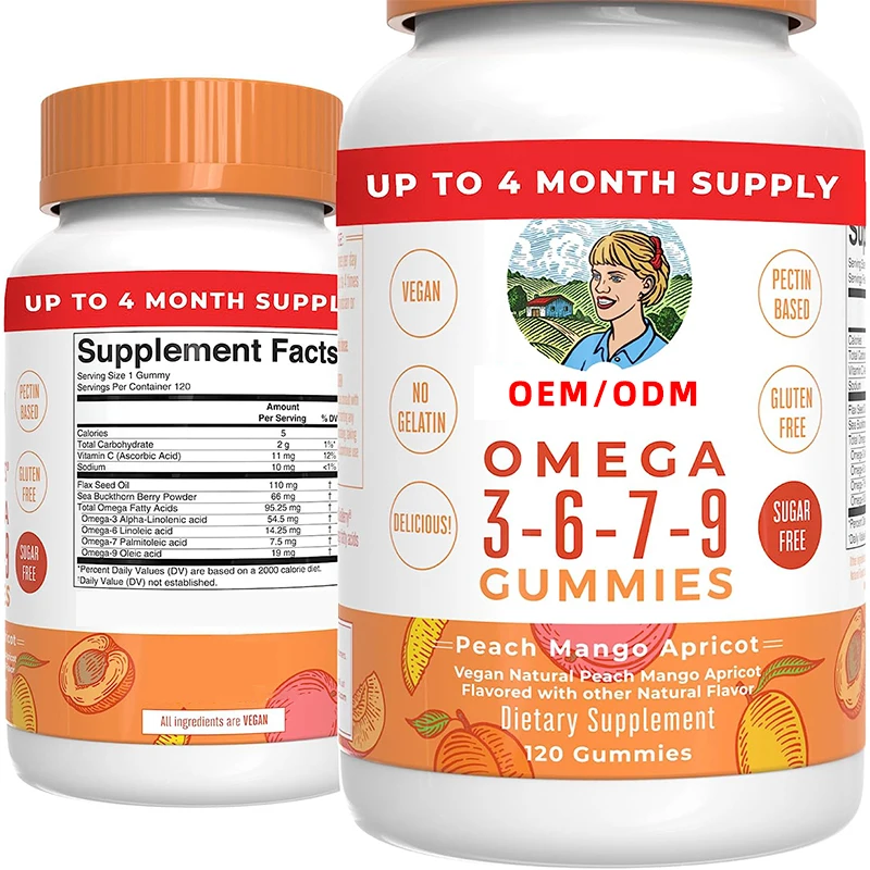 No Fish Taste Non-GMO Vegan ALA Omega 3 6 7 9 Gummies with Flaxseed Oil for Immune Support Heart Health