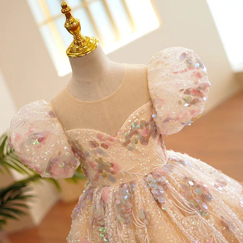 Summer Sequined Flower Girls Princess Puff Sleeve Maxi Evening Dresses Kids Performance Party Wedding Ball Gowns
