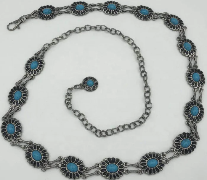Wholesale   Women fashion belts oldnickle metal chain turquoise Blue Flower