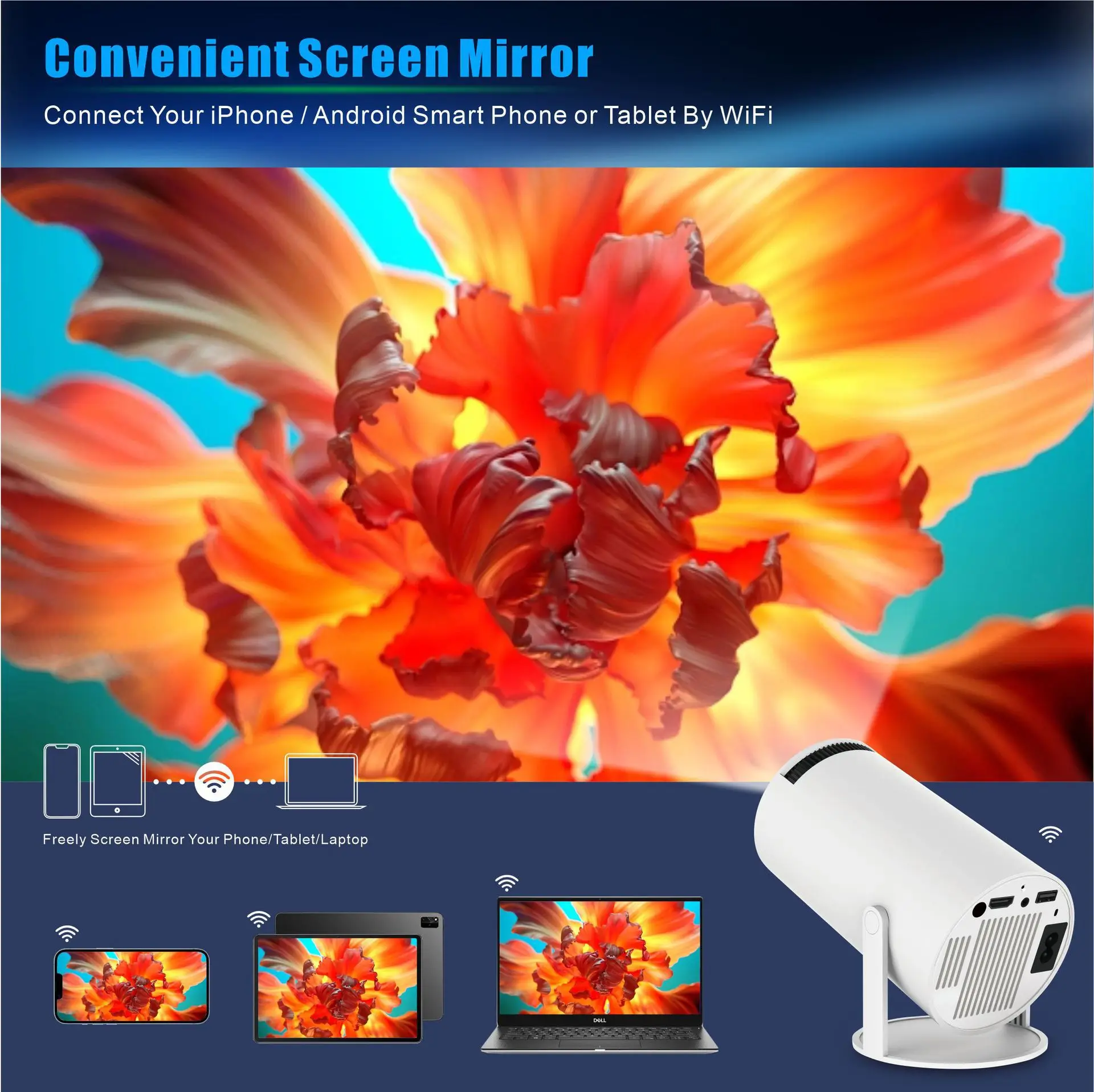 HY300 Pro Portable HD Outdoor Projector with Wireless On-Screen Mobile Phone Feature USB Power Source 1-Year Warranty