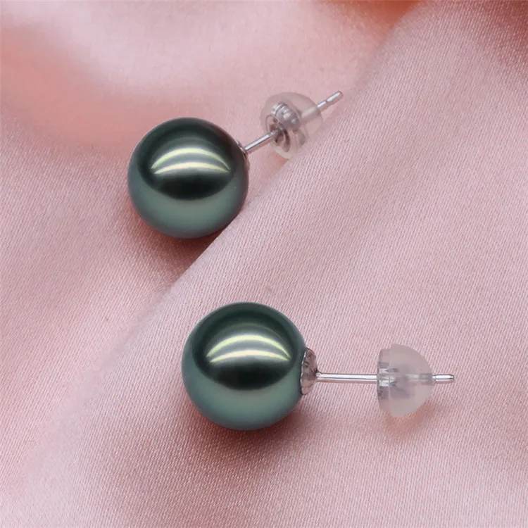 8-10mm AAA Grade 14K 18K White Yellow Gold Natural Real Genuine Black Seawater Tahitian Tahiti Pearl Stud Earrings