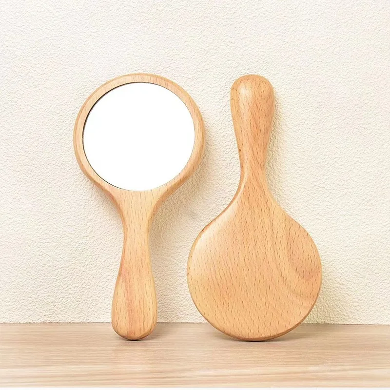 wholesale Custom Logo Mini Hand Mirror Travel Handbag Wooden Compact Pocket Portable Beech handle Makeup Mirror