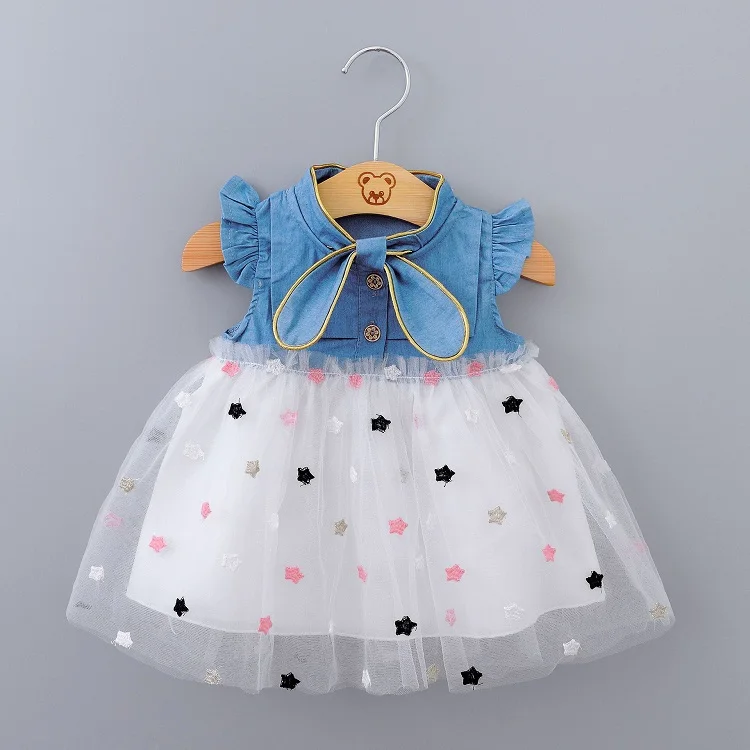 New Fashion Toddler Baby Girl Clothes Sleeveless Bow Star Denim Patchwork Mesh Sweet Girls Princess pink white Dress Summer