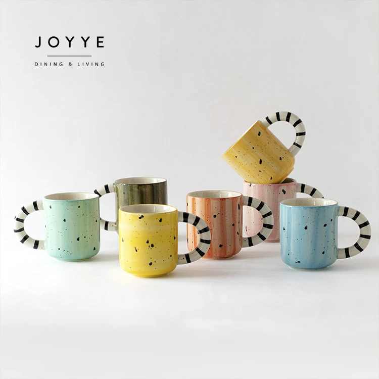 JOYYE 300ml Zebra Stripe Handle Special Design Coffee Mug Modern Ceramic Shiny Colorful Grazed Coffee Mugs Sets