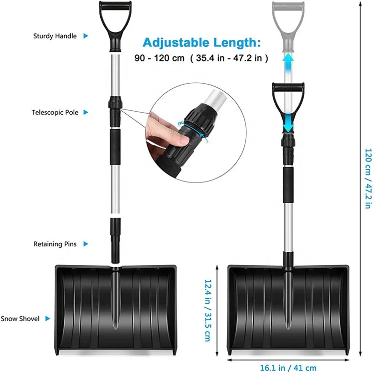 High quality snow shovel pusher garden tool set snow shovel plastic blade with adjustable aluminum handle