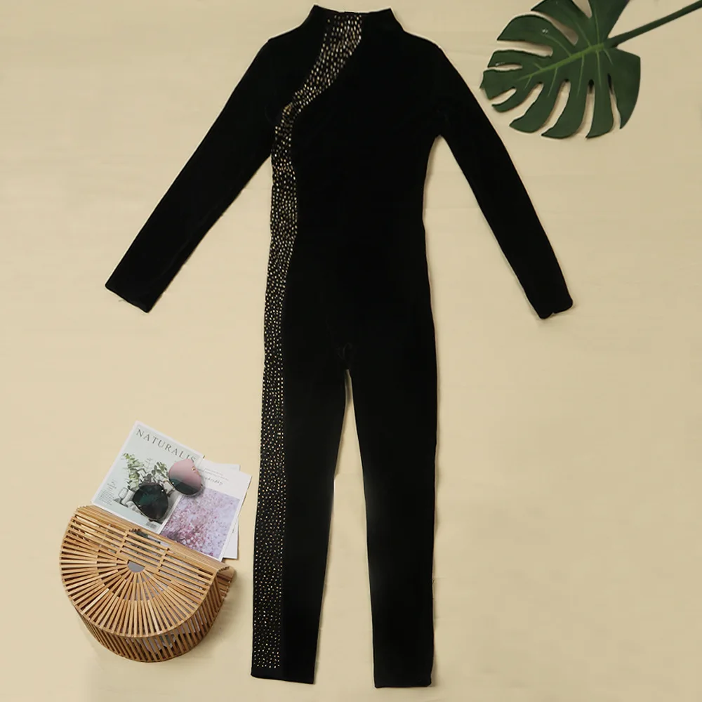 Z12068 Sexy Long Sleeve Patchwork mesh Sequins Rompers women See-through Skinny Jumpsuit