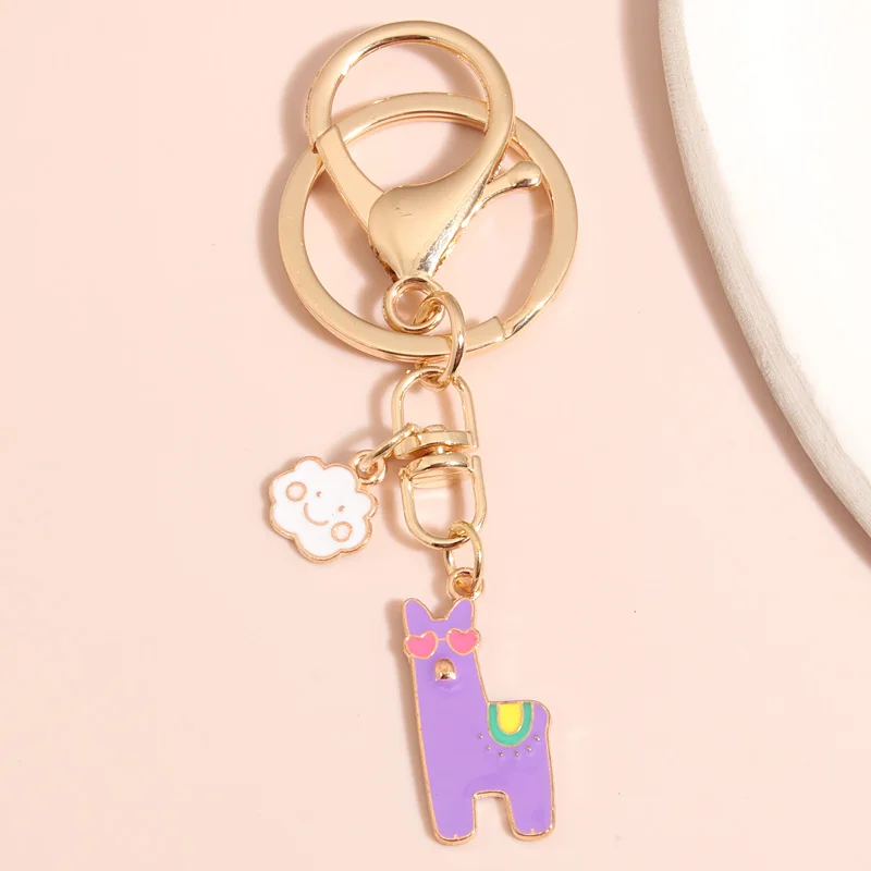Colorful Flower Heart Alpaca Enamel Key Ring Customized Alloy Enamel Charms Keychain Kids Animal Keyring