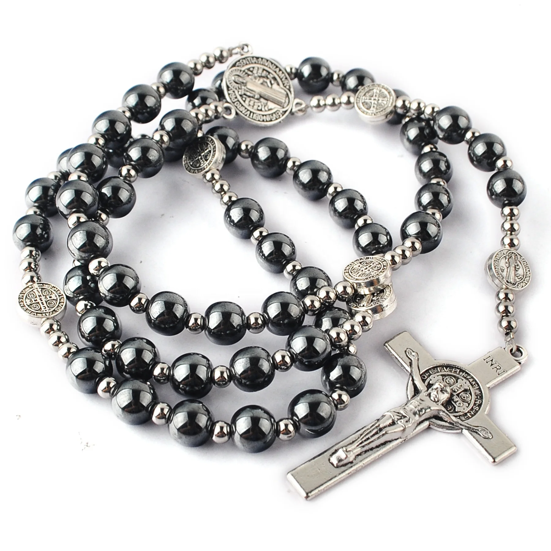 8mm Hematite Rosary Black Stone Beads with 4mm Stainless Steel Beads and St.Benedict Glory Beads Rosary Necklace for Men