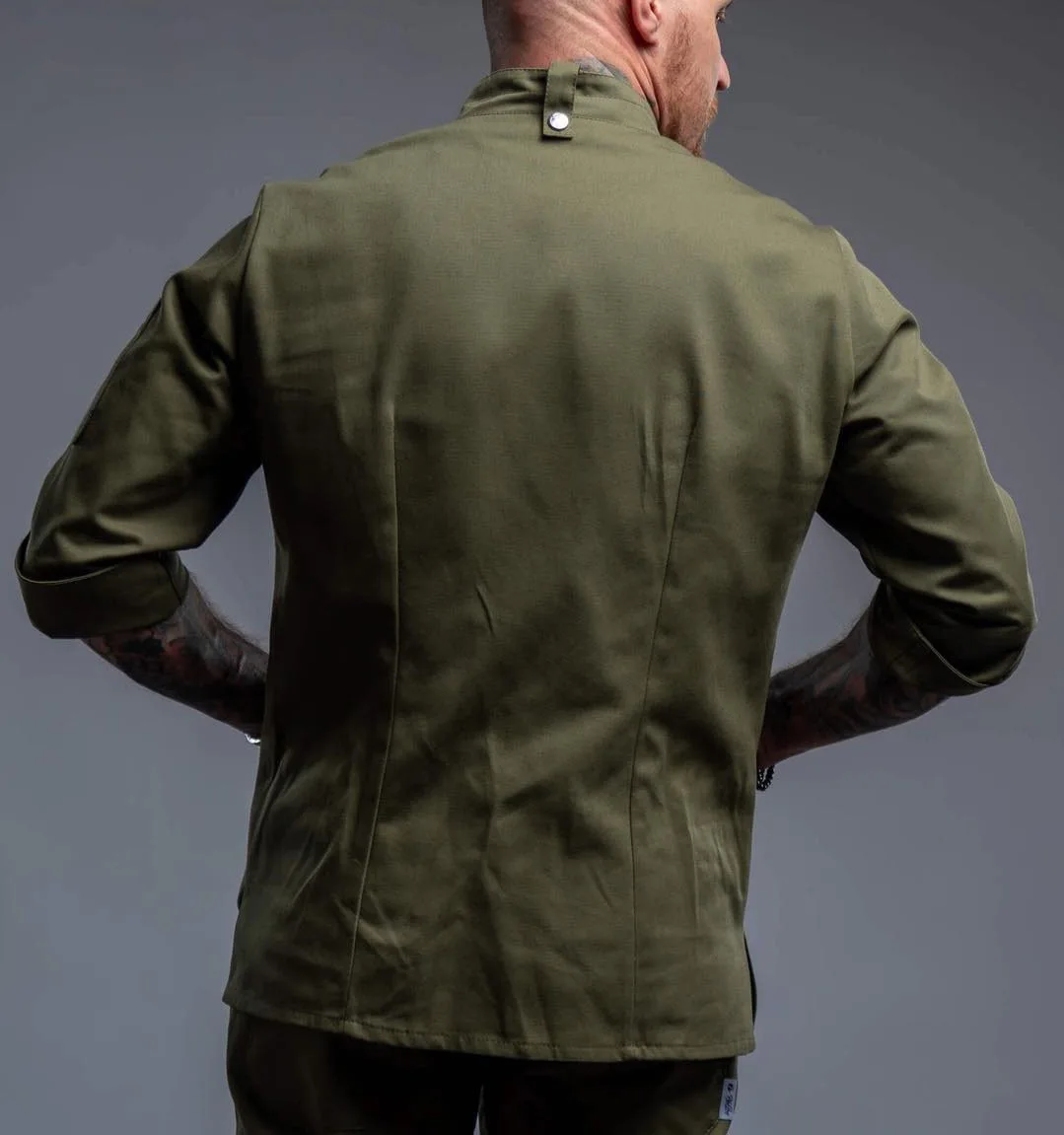 Army Green Cafe Bar Wait Staff Uniforms Custom Logo Printing Waiter Workwear Uniform Restaurant Waiter and Waitress Uniform