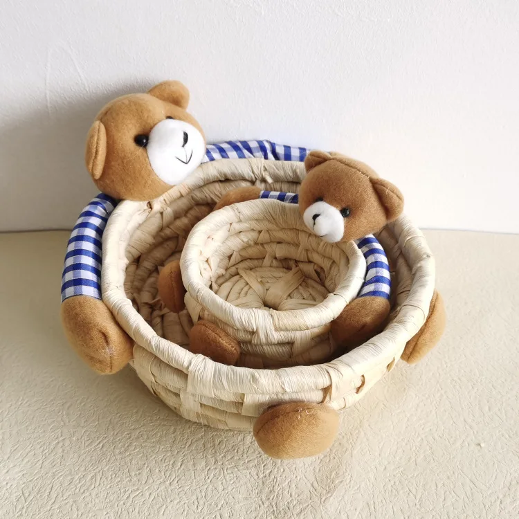 Cute straw corn husk bear storage basket accessories Storage candy sundry storage basket holiday decoration props