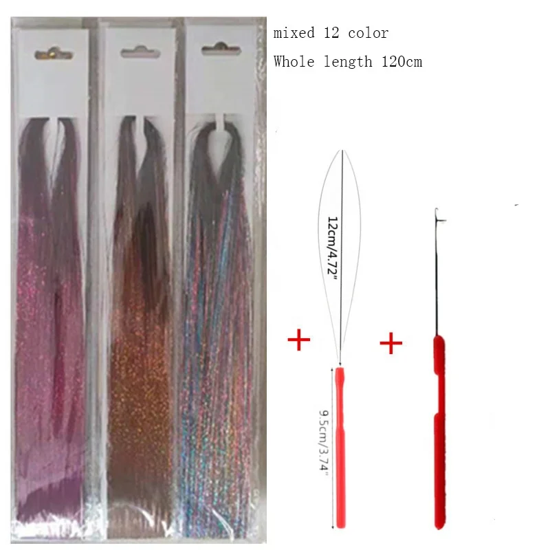 Wholesale hair tinsel kit 12 Colors shiny laser wigs tinsel hair extension tool colored party highlights glitter wig for women