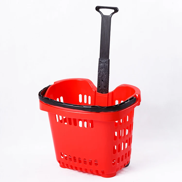 High quality red supermarket shopping large two wheel trolley basket