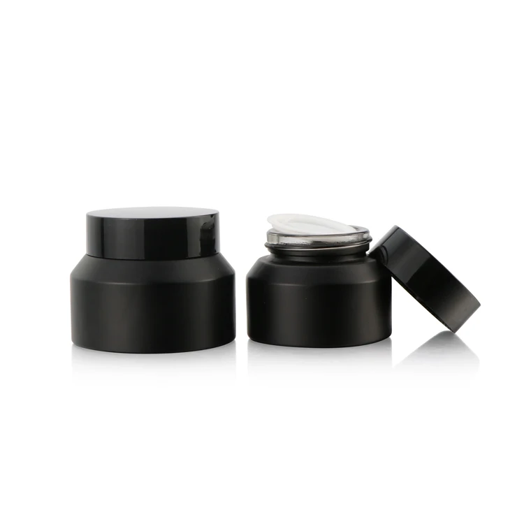 
High end 30 ml 50 ml 100 ml 1oz cream jar sloping shoulder matte black glass cosmetic jar with black plastic lid 