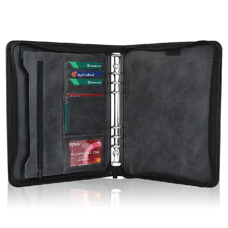 Professional Leather File Organizer Metal Ring Binder Business File Holder Zipper Organizer Notebook Portfolio Holder
