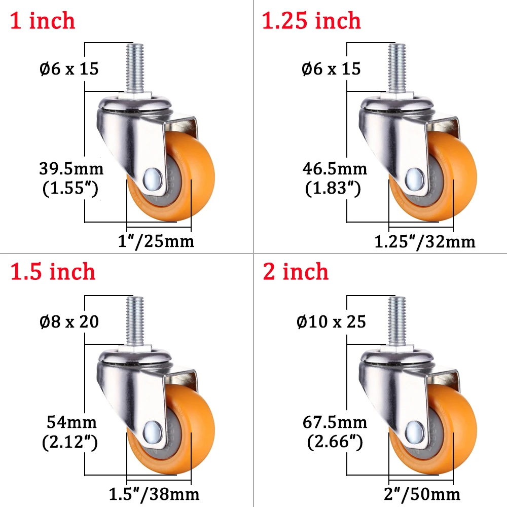 1/1.25/1.5/2 Inch Caster Wheel Nylon Wheels PH028 360 Degree Swivel Orange Contemporary Furniture CASTER