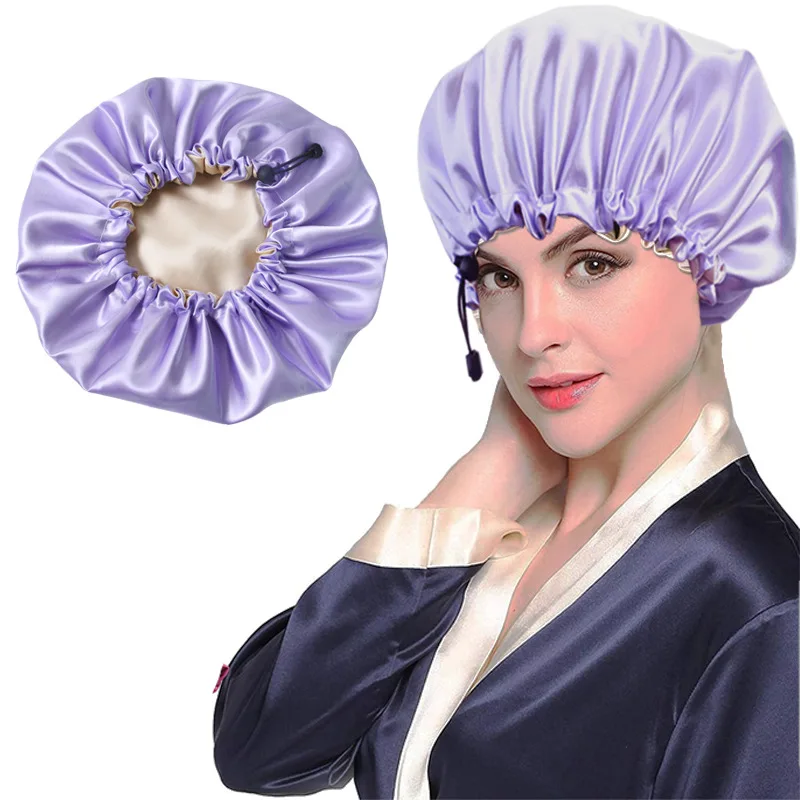 Custom womens cap double nightcap upgrade adjustable female hair bath cap soft silk hair bonnet