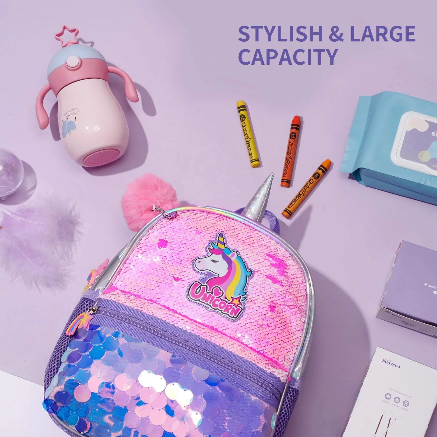 Mochilas Escolares Reversible Sequin Cute 3D Cartoon Unicorn Little Girls Toddler Book Bags School Children Kids Backpack Bag