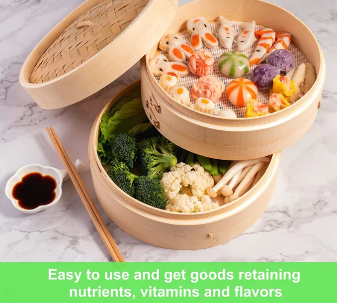 10 Inch Bamboo Vegetable Steam Pot 2 Tier Bao Buns Basket Containers With Custom Logo Box