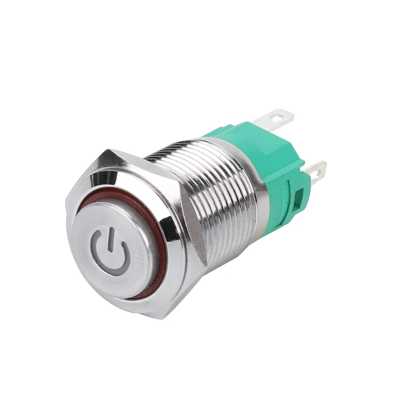16mm Metal Illuminated Push Button Switch Flat 5 Pin 12V Blue Ring LED Power symbol 1NO1NC Latching