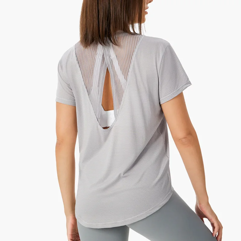 Aoyema Sports Short-Sleeved Women Loose Fitness Clothes Large Size Quick-Drying T-Shirt Yoga Tops Mesh Breathable Blouse