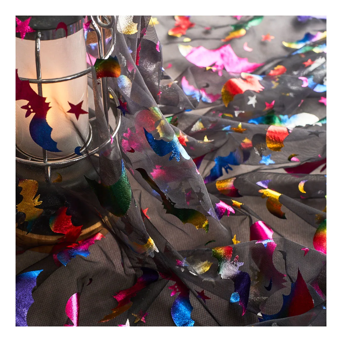 Цветные летучие мыши, фольга, узор на Хэллоуин, горячее тиснение, дизайнерская сетчатая ткань для сдержанного украшения вечеринки