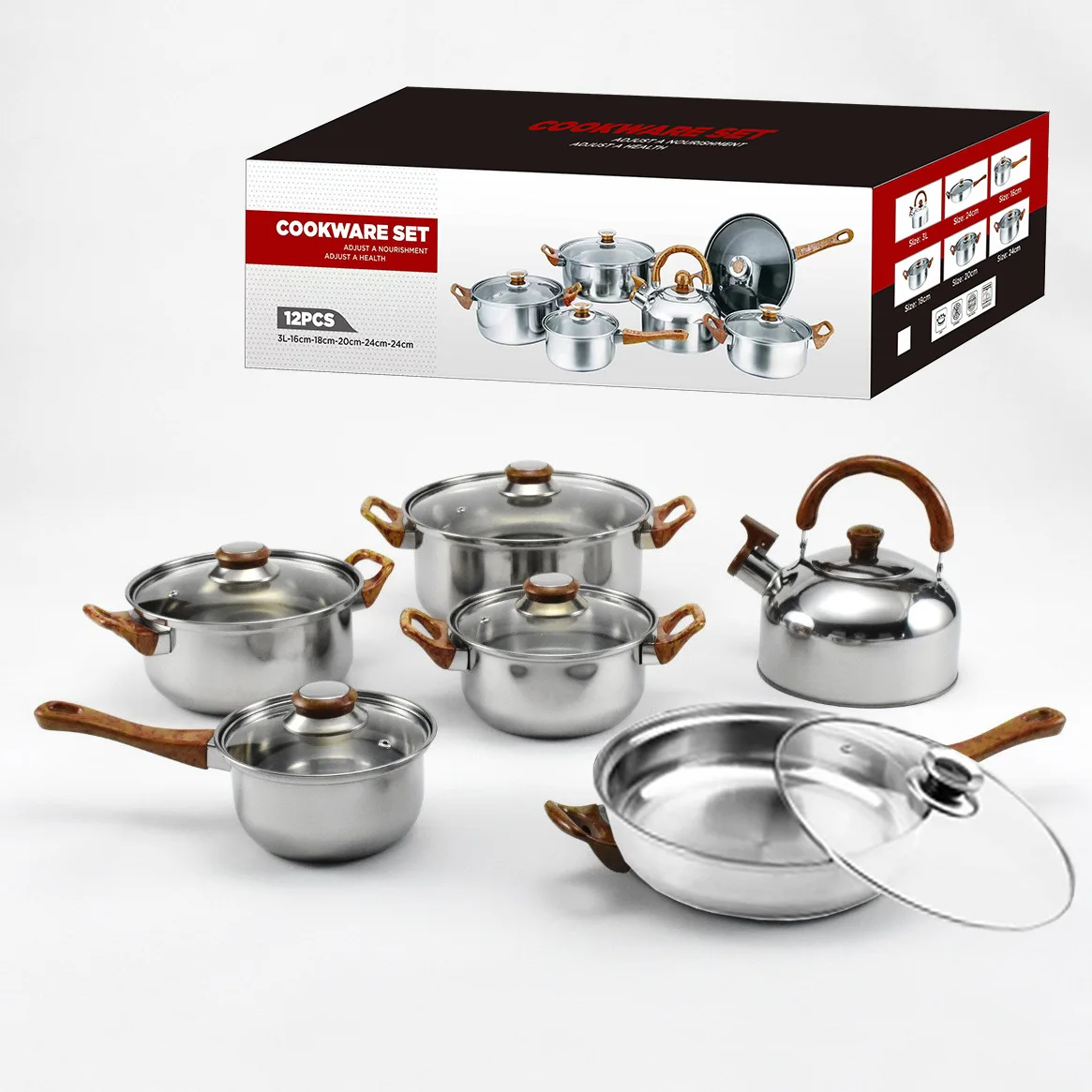 2024 New Amazon 12 Pcs Set Thickened Cookware Non-stick Stainless Steel Pots And Pans With Kettle