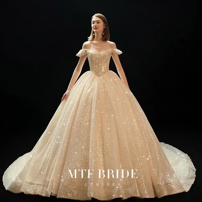 Princess Women Sky Stars Long Tail Bridal Simple Wedding Dresses 2023 Bridal Gown For Women Evening Fabric White Elegant