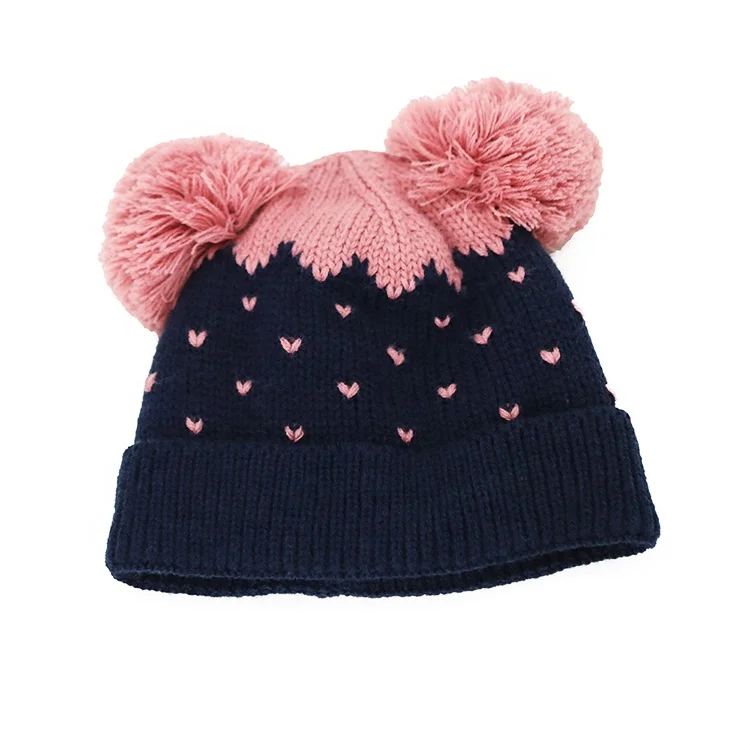 Baby Beanie for Girls Boys Jacquard Knit Winter Hat Cozy Lining Skull Cap Double Pom Pom Hats Toques Unisex Wholesale
