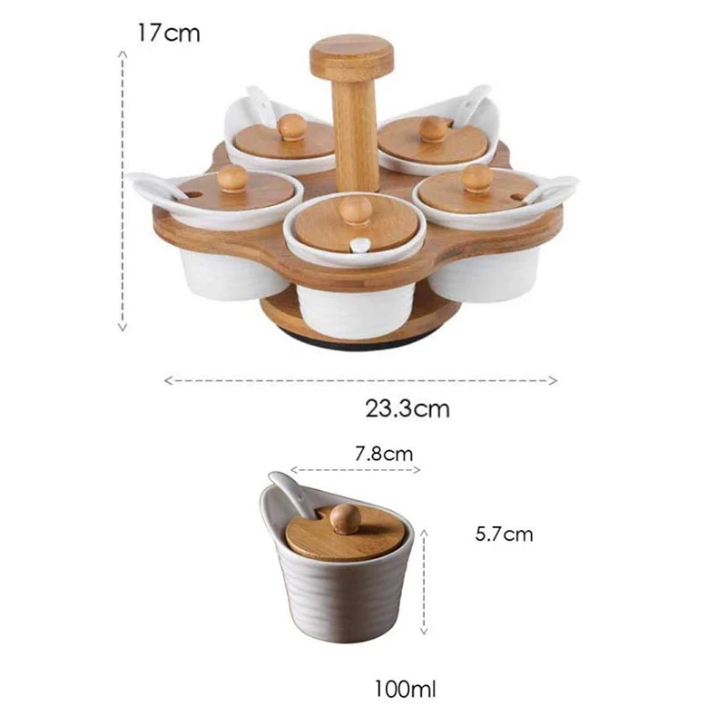 White Ceramic Condiment Pots Set with Bamboo Lid&Rack Stand.Ceramic Sugar Bowls&Spice Jars Set for Kitchen.