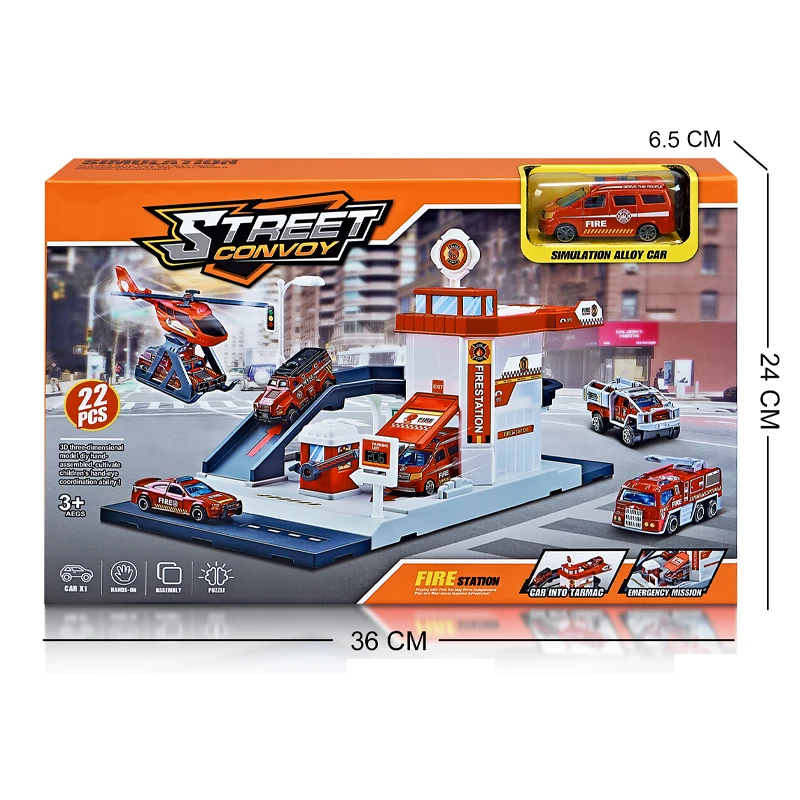 QS Promotional Gift Kids DIY City Theme Model Car Track Set Toy Plastic Fire Truck Series Parking Lot Vehicle Toys For Children