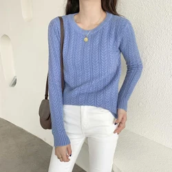 2021 new arrival woman tops fashionable crew neck long sleeve cable pullover vintage knit sweater