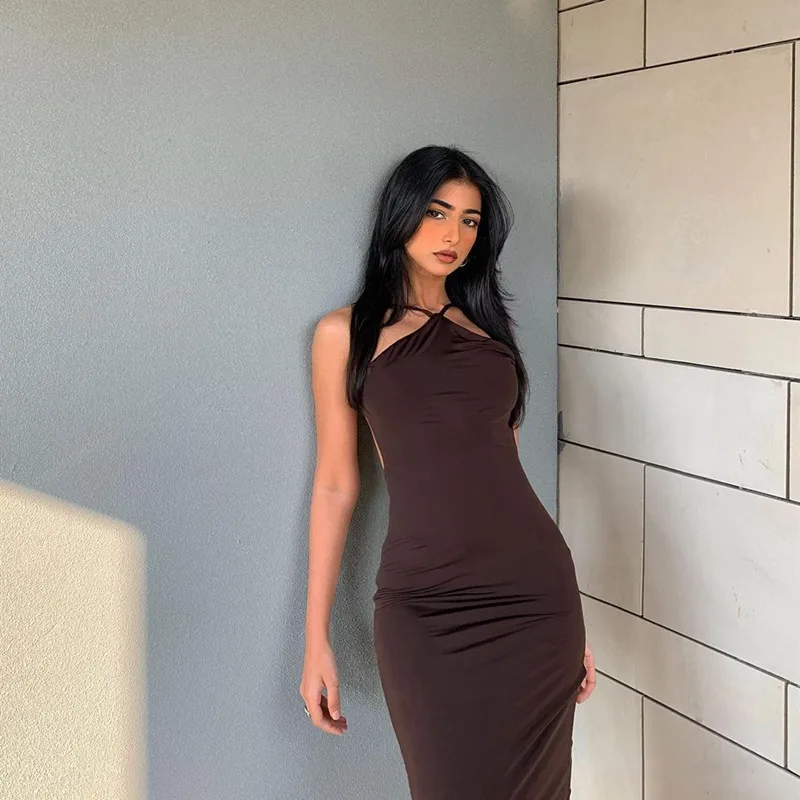 New Silk Pencil skirt Sleeveless Sexy Backless Dress Casual Slim Fit Slip Bodycon Dress Long Dress women 2023