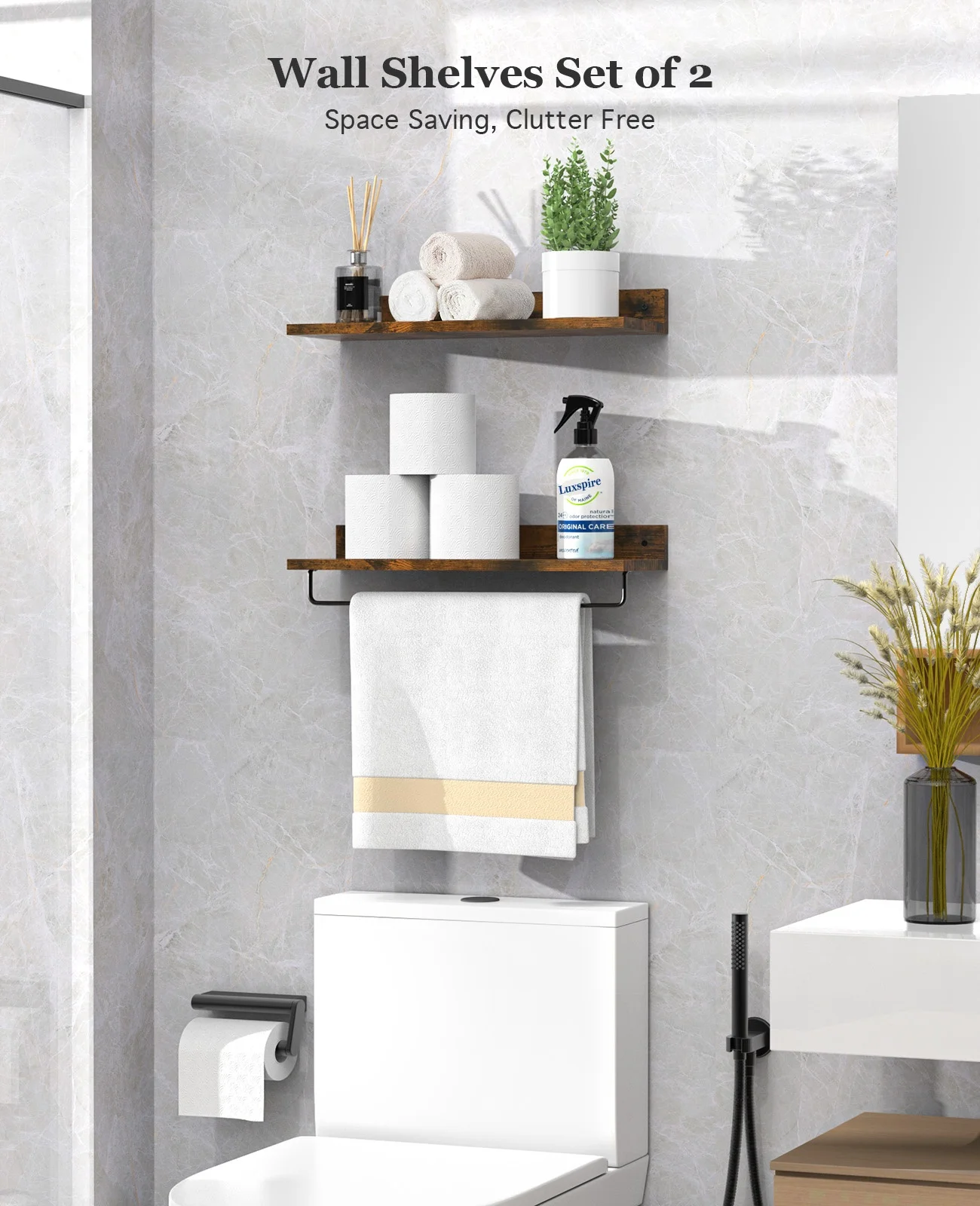 Custom Wood Decor Rustic Floating Shelves Wall Mounted Toilet Paper Towel Rack Set Dark Brown Bathroom Wall Shelf with Towel Bar