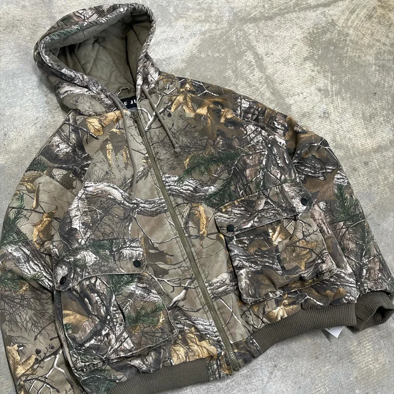Custom Distressed Hoody Jacket 400 GSM Zipped Zip Up Sublimation Printed Vintage Wooded Real Tree Camo Camouflage Hoodie For Men