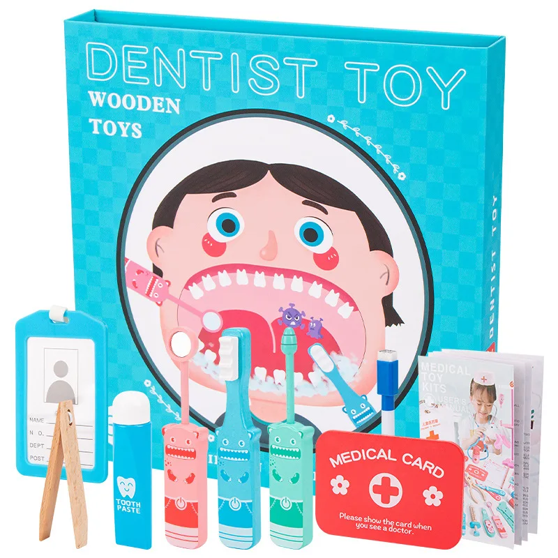 Wooden dentist toys for kids simulation pretend play dental toy for baby early educational doctor role play toys