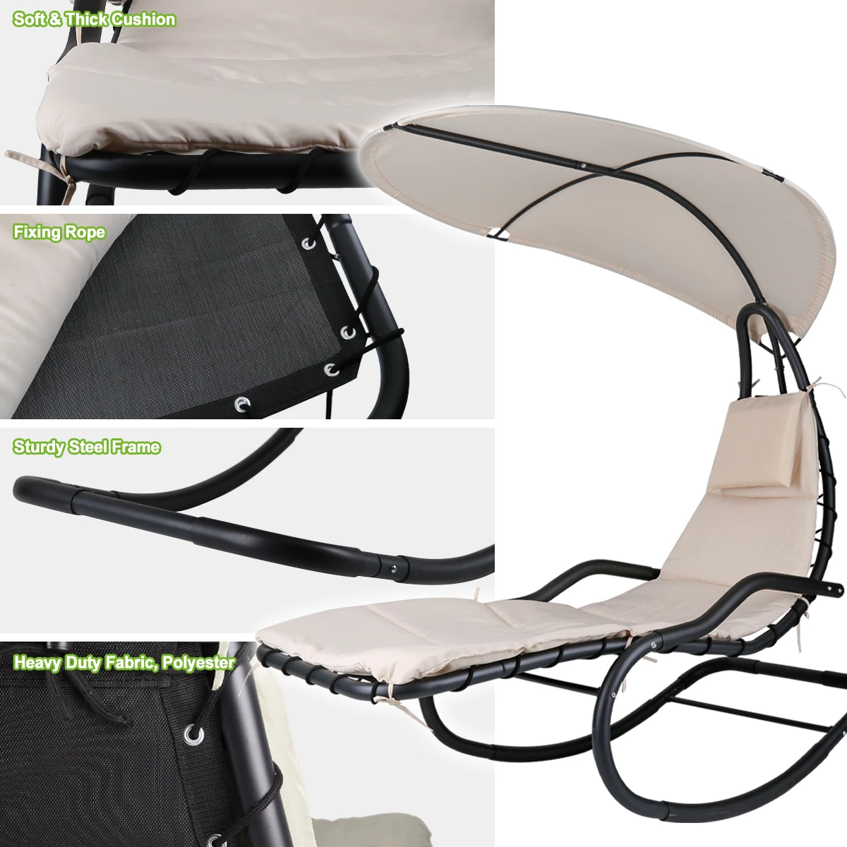 Outdoor Steel Rocking Sun Lounge Bed  Removable Canopy Hanging Swing Chair Patio Swings Hanging Chaise Lounger With Stand