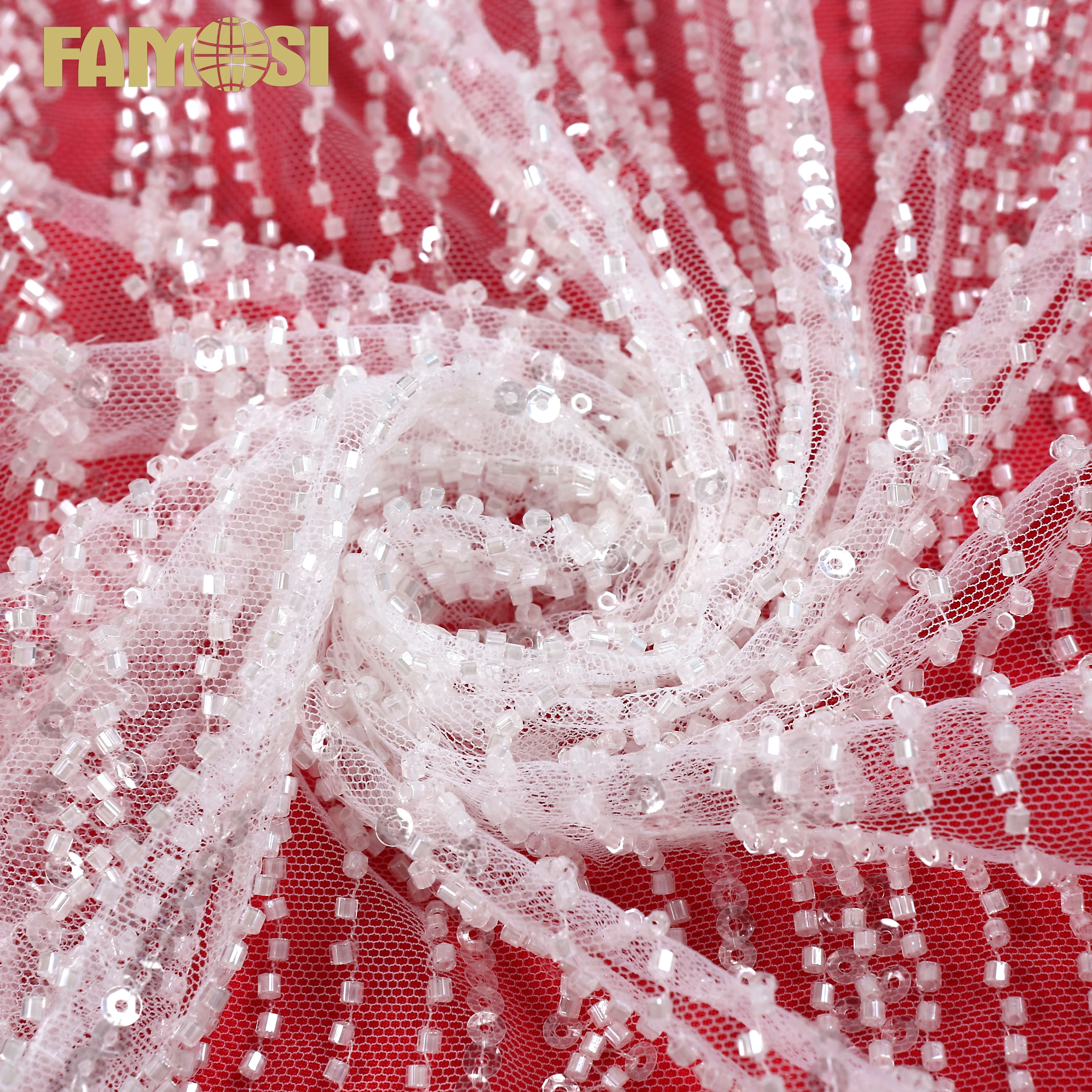 hot sale keqiao textile white beaded clear sequin embroidery lace fabric for women