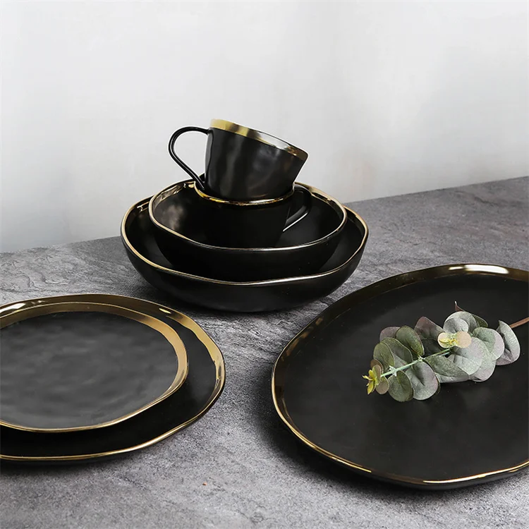 Wholesale custom modern european style matte black luxury dinner set ceramic dinnerware with gold rim