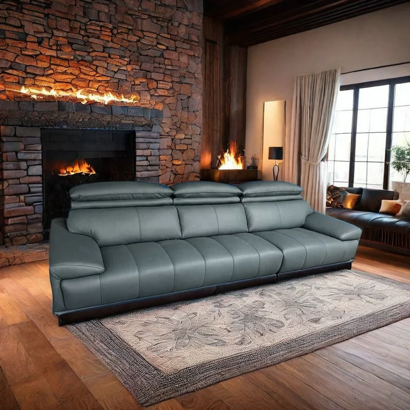 I Shape Adjustable Head Premium Genuine Leather Sofa With Black Steel Legs For Living Room Furniture